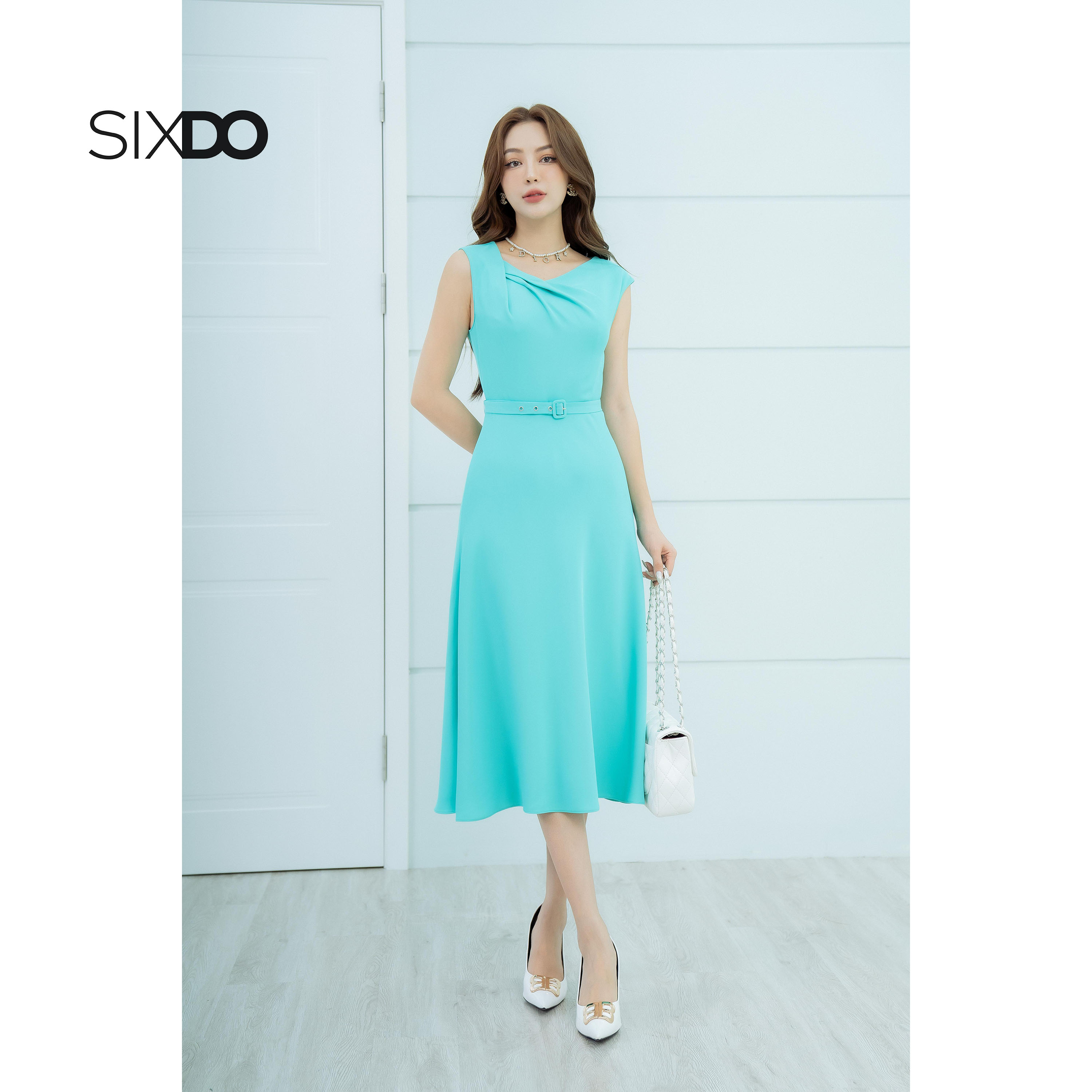 Váy lụa midi màu ngọc lam có thắt lưng thời trang SIXDO