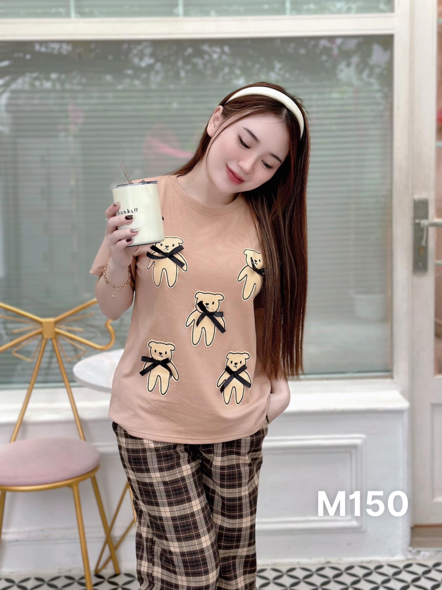 Set bộ thun nữ in gấu quần dài caro vải kate lụa M150