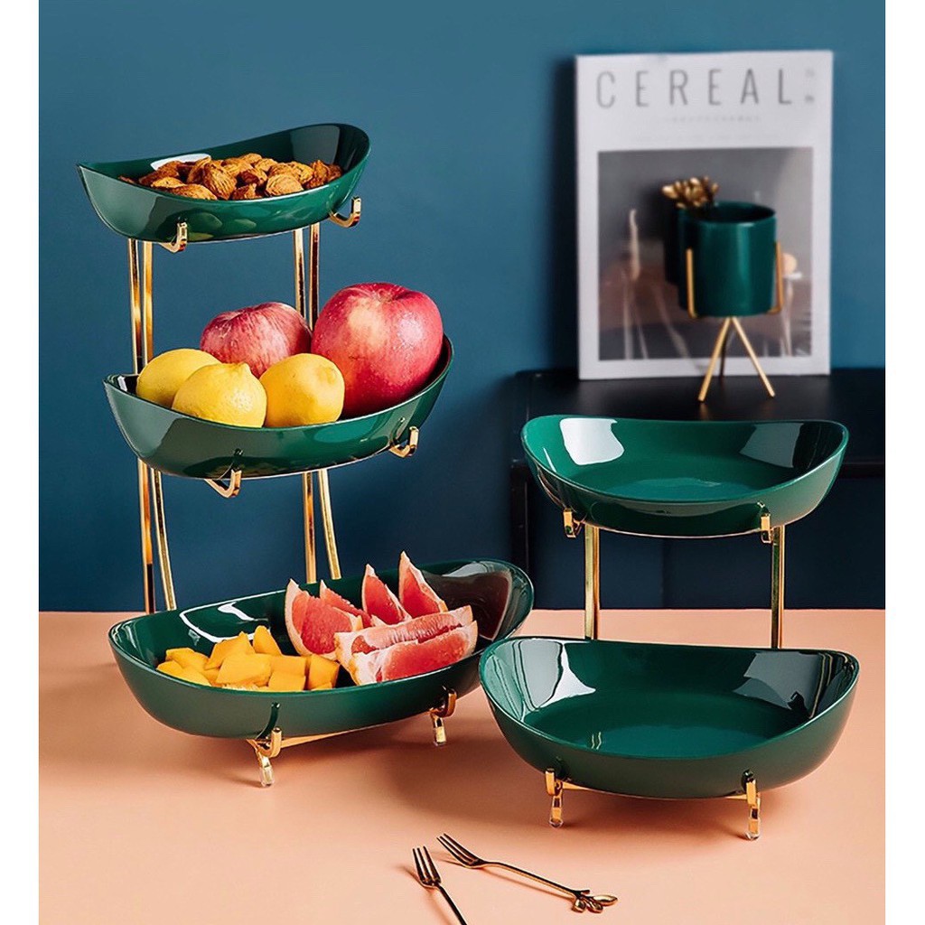 Khay đựng hoa quả bánh kẹo sứ xanh cổ vịt 2 tầng, 3 tầng khung kim loại mạ vàng