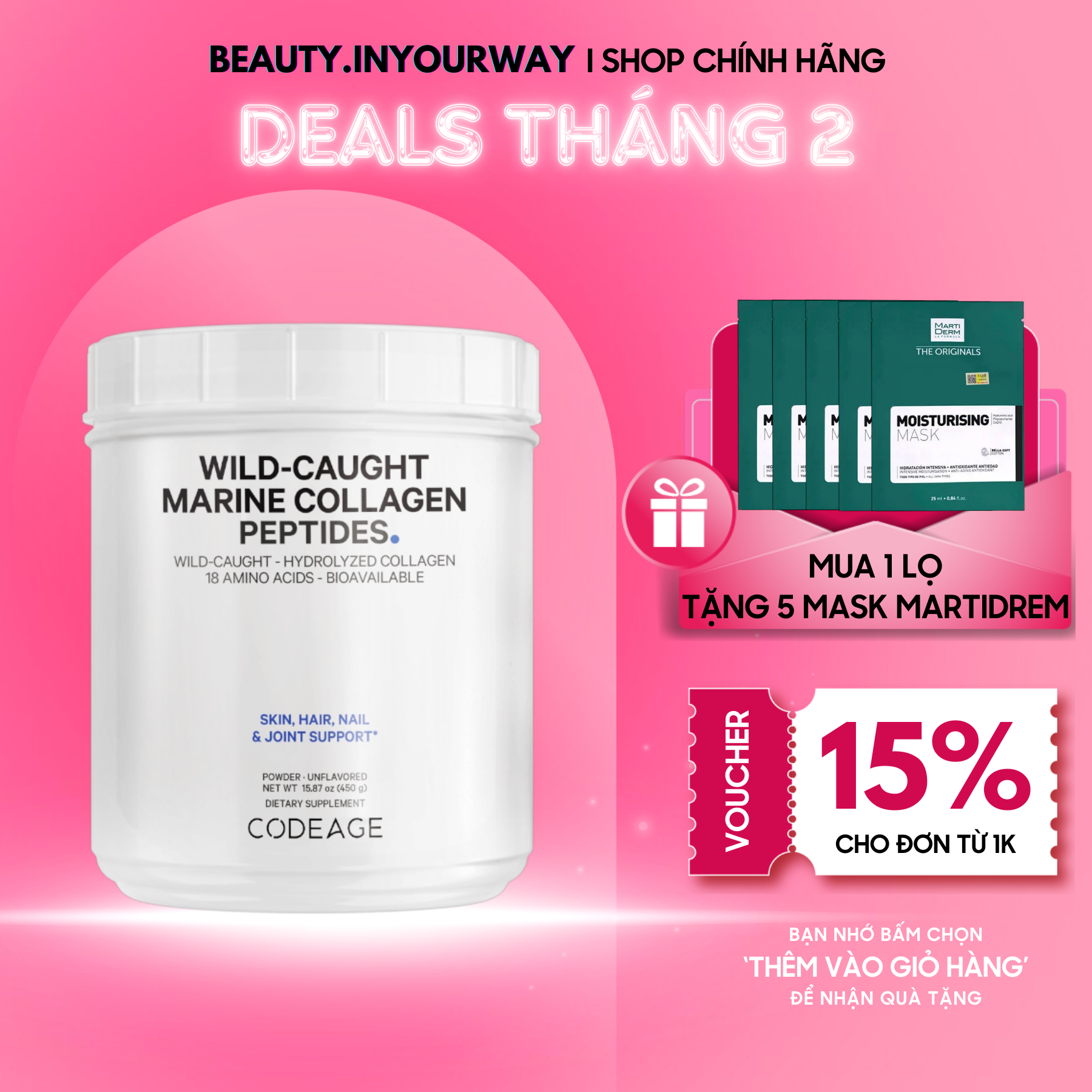 TPBVSK Bột Collagen Codeage Marine Collagen Peptides, hộp 450g
