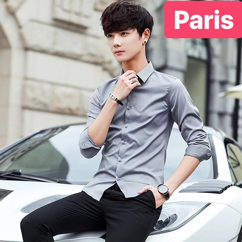 ÁO SƠ MI KATE LỤA NAM XÁM TRẮNG TRƠN SOÁI KA CHỐNG NHĂN HOT TREND CAO CẤP - PARIS FASHION