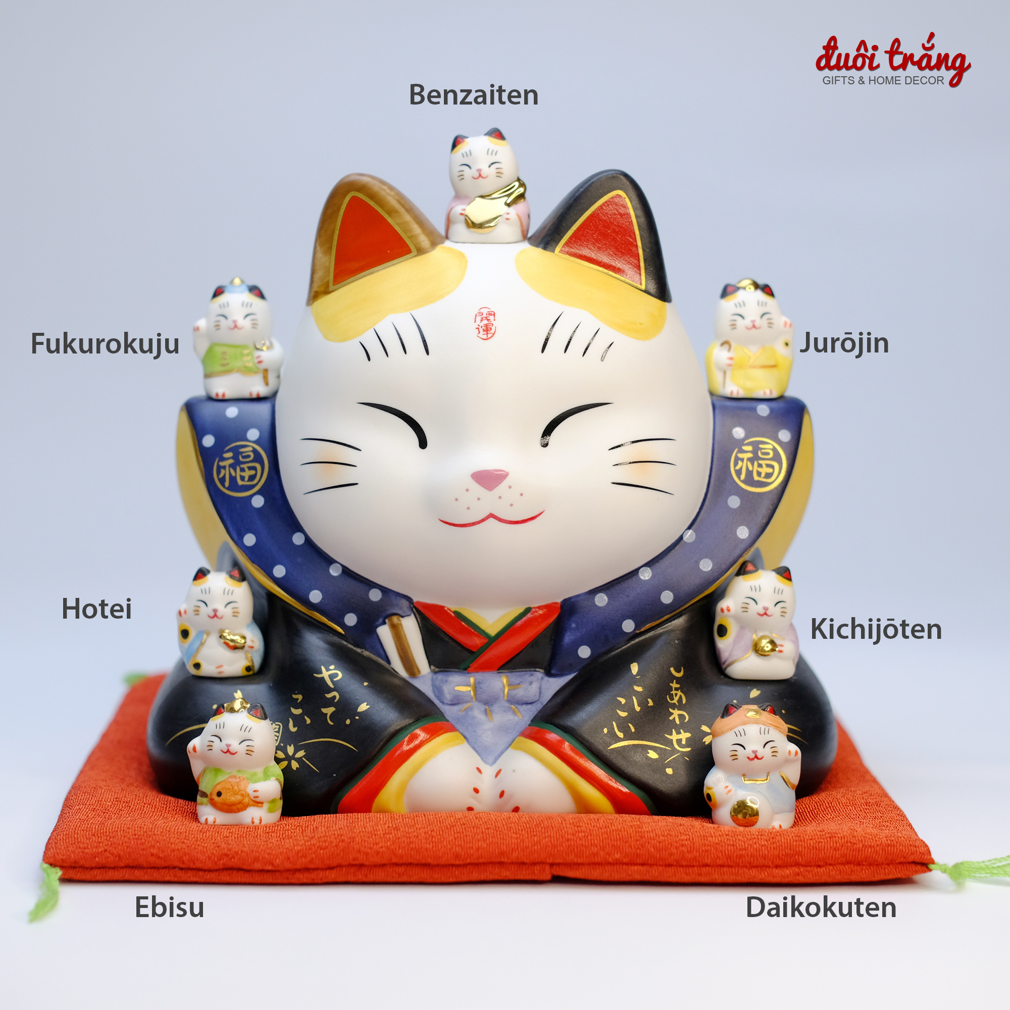Mèo Thần tài Thất Phúc Thần Fukusuke 17cm - Hãng thủ công Yakushigama Nhật Bản