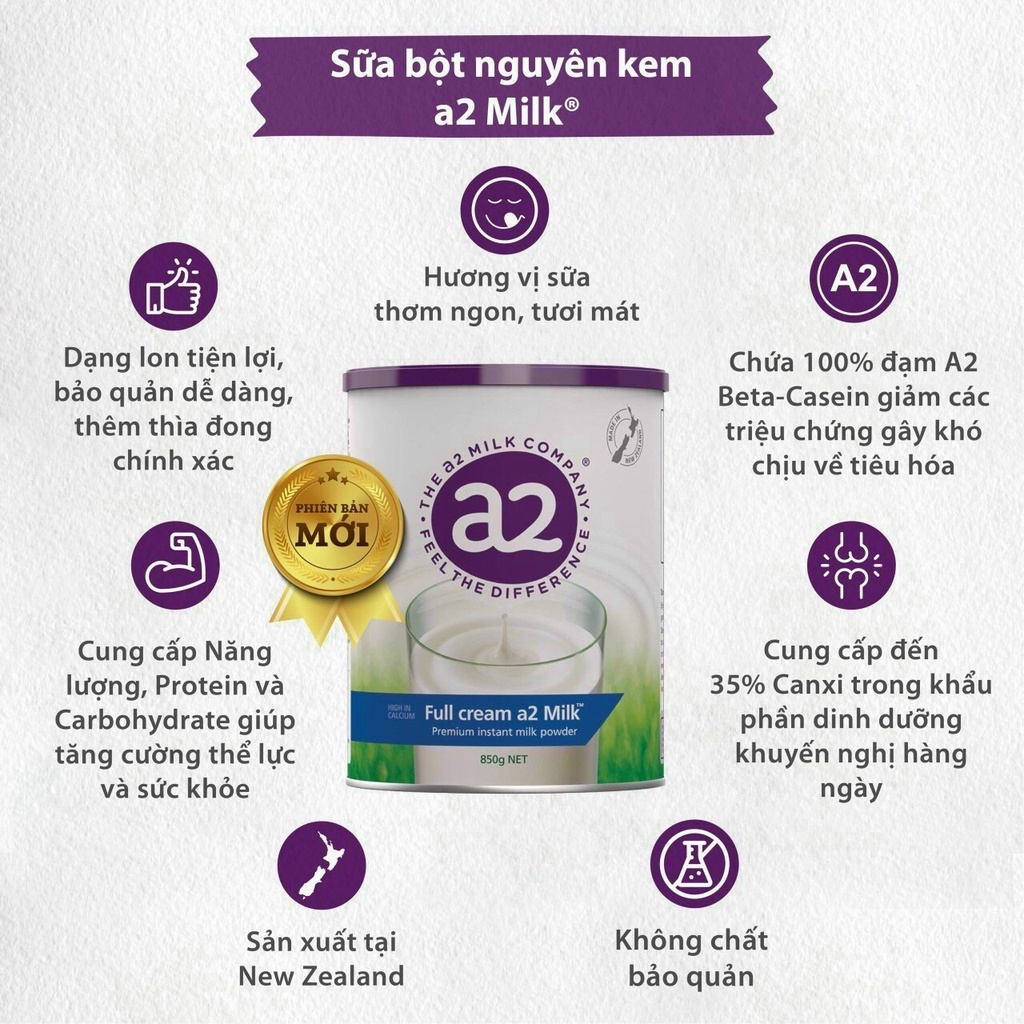 [Mẫu mới nhất] Sữa bột A2 Nguyên Kem Dạng Lon 850gr