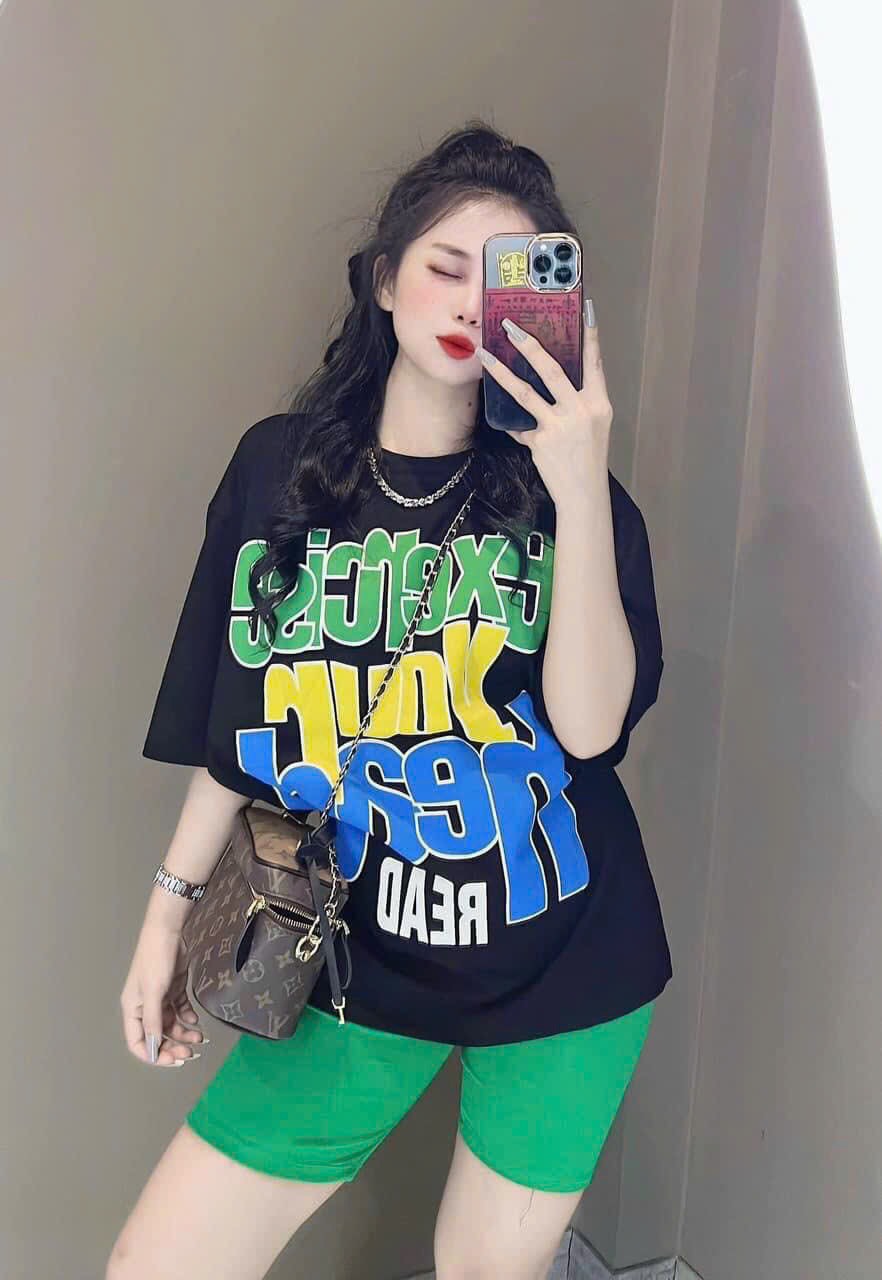 Set thun cotton mặc hè áo phông rộng in chữ dễ thương, đồ bộ thun ngố mặc đi chơi, quần legging đùi ôm