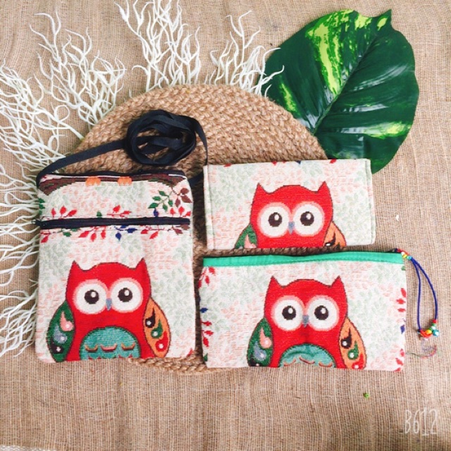 Combo 3 Món Túi Thổ Cẩm Cú Đỏ .
