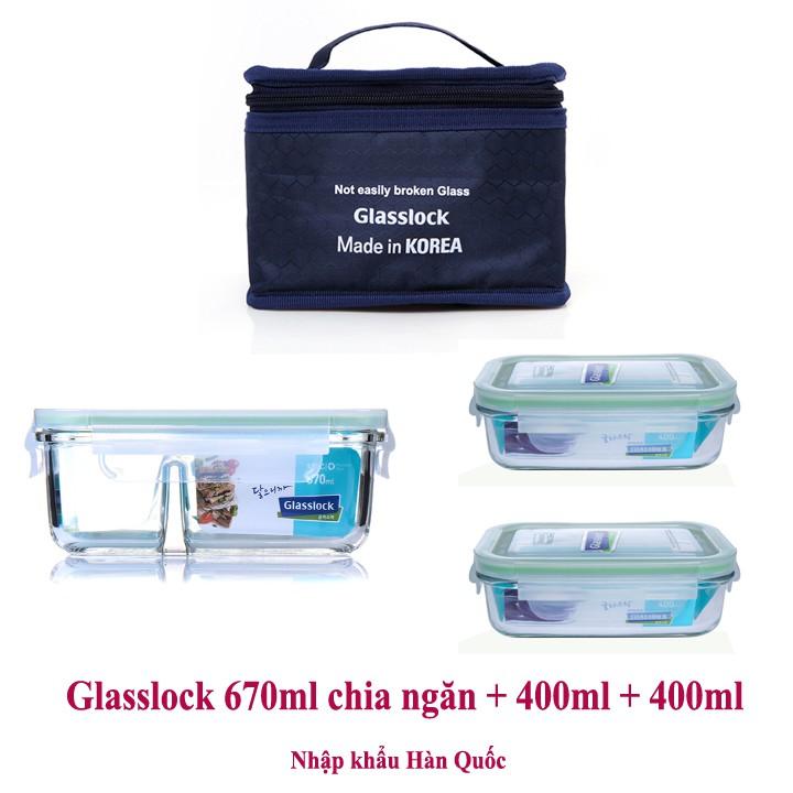 Bộ hộp cơm thủy tinh cường lực Glasslock 670ml chia ngăn + 2 hộp 400ml kèm túi giữ nhiệt