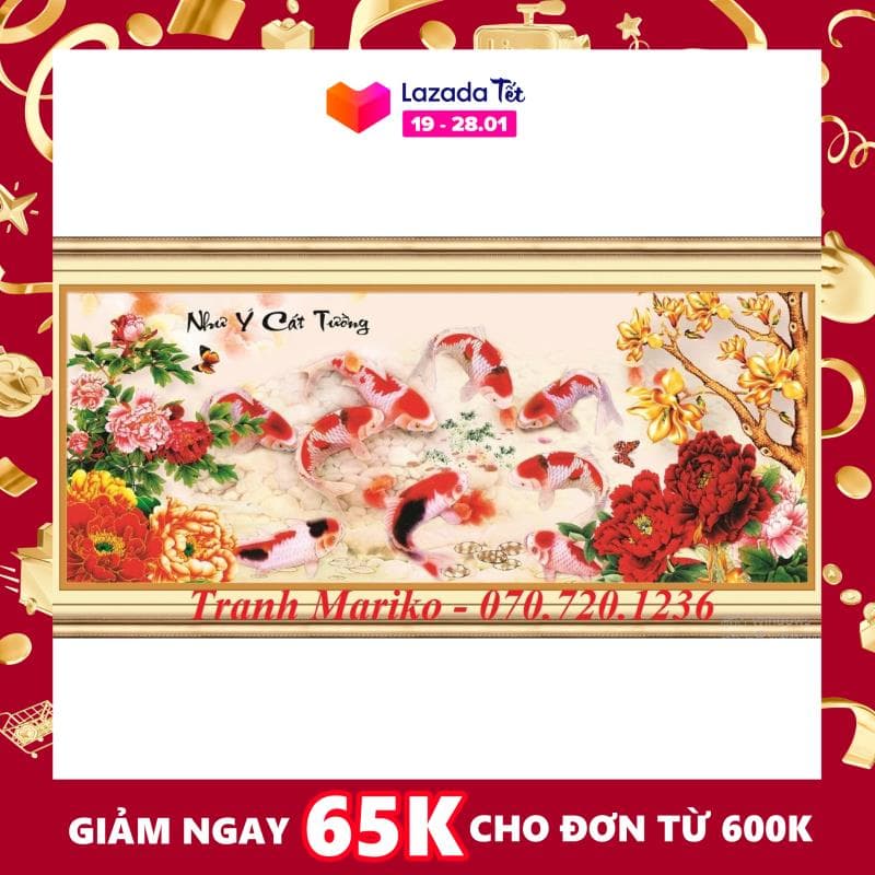 Tranh thêu NHƯ Ý CÁT TƯỜNG CỬU NGƯ 533498 kích thước 104*41cm