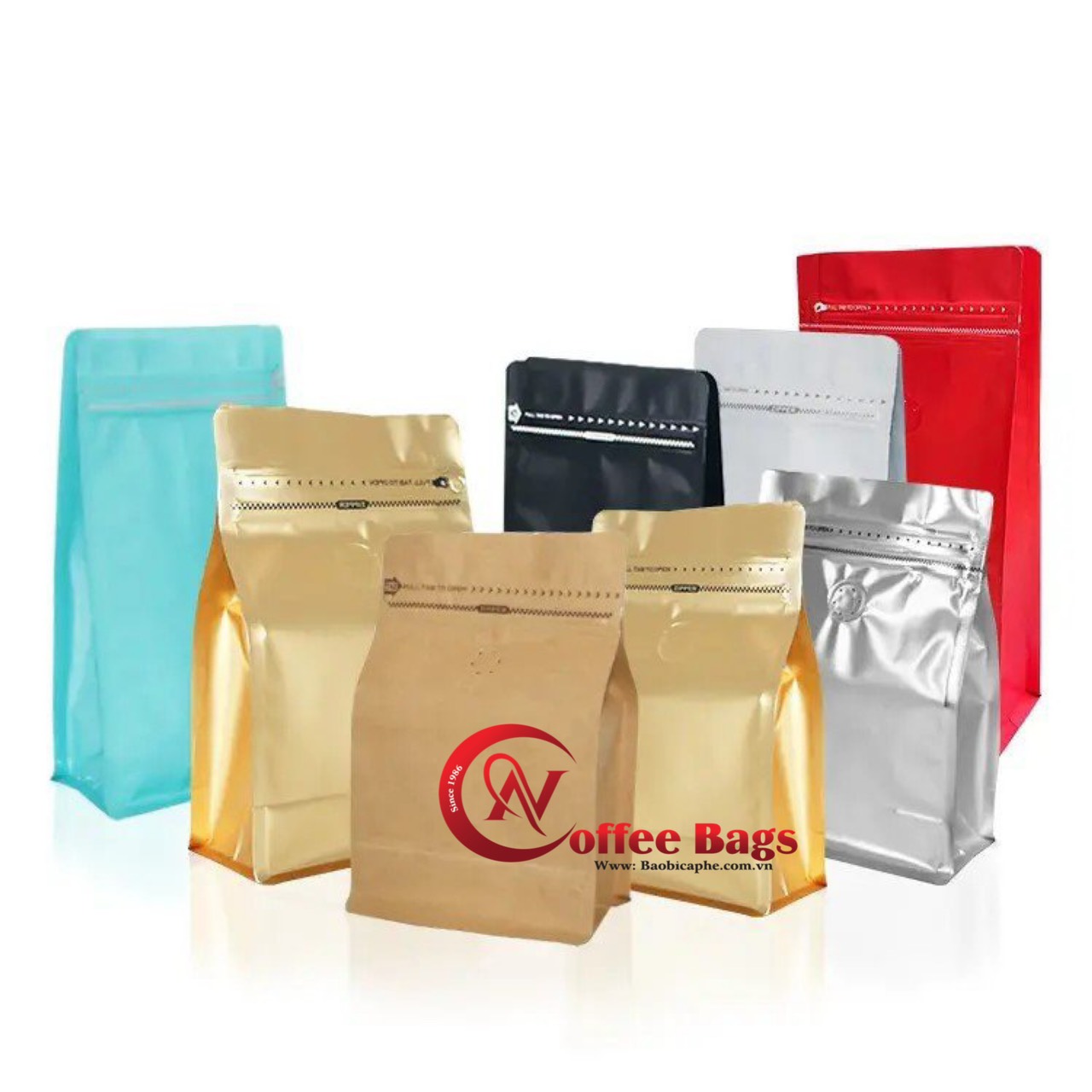 {500gr/size} TÚI ZIP ĐÁY ĐỨNG 8 CẠNH ĐỰNG CAFE (MÀU ĐỎ - ĐEN - TRẮNG, GIẤY KRAFT, BẠC, ĐỒNG)