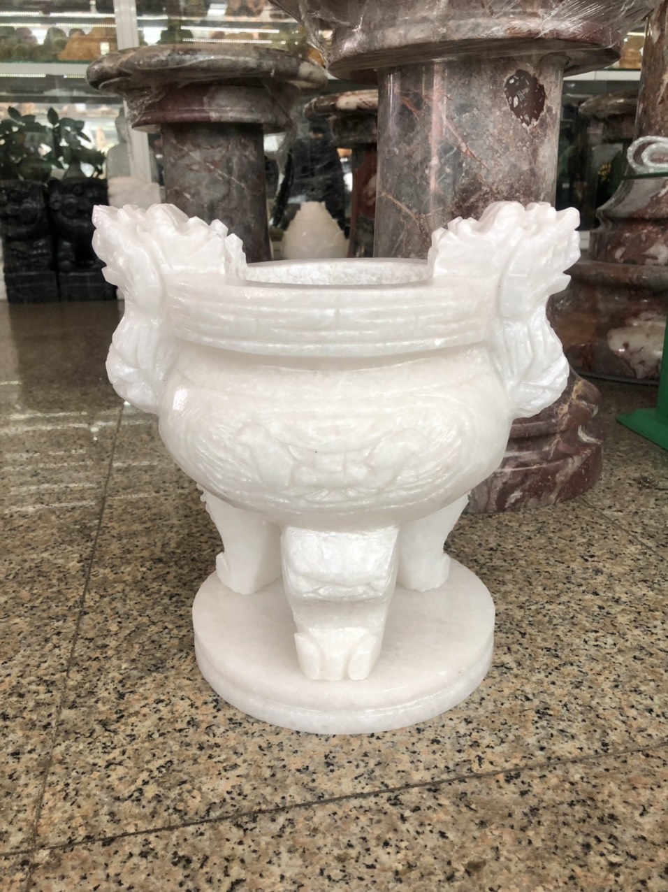 Lư hương, bát hương, bát nhang thờ cúng chạm rồng đặt bàn thờ, mộ đá cẩm thạch trắng - Cao 25 cm