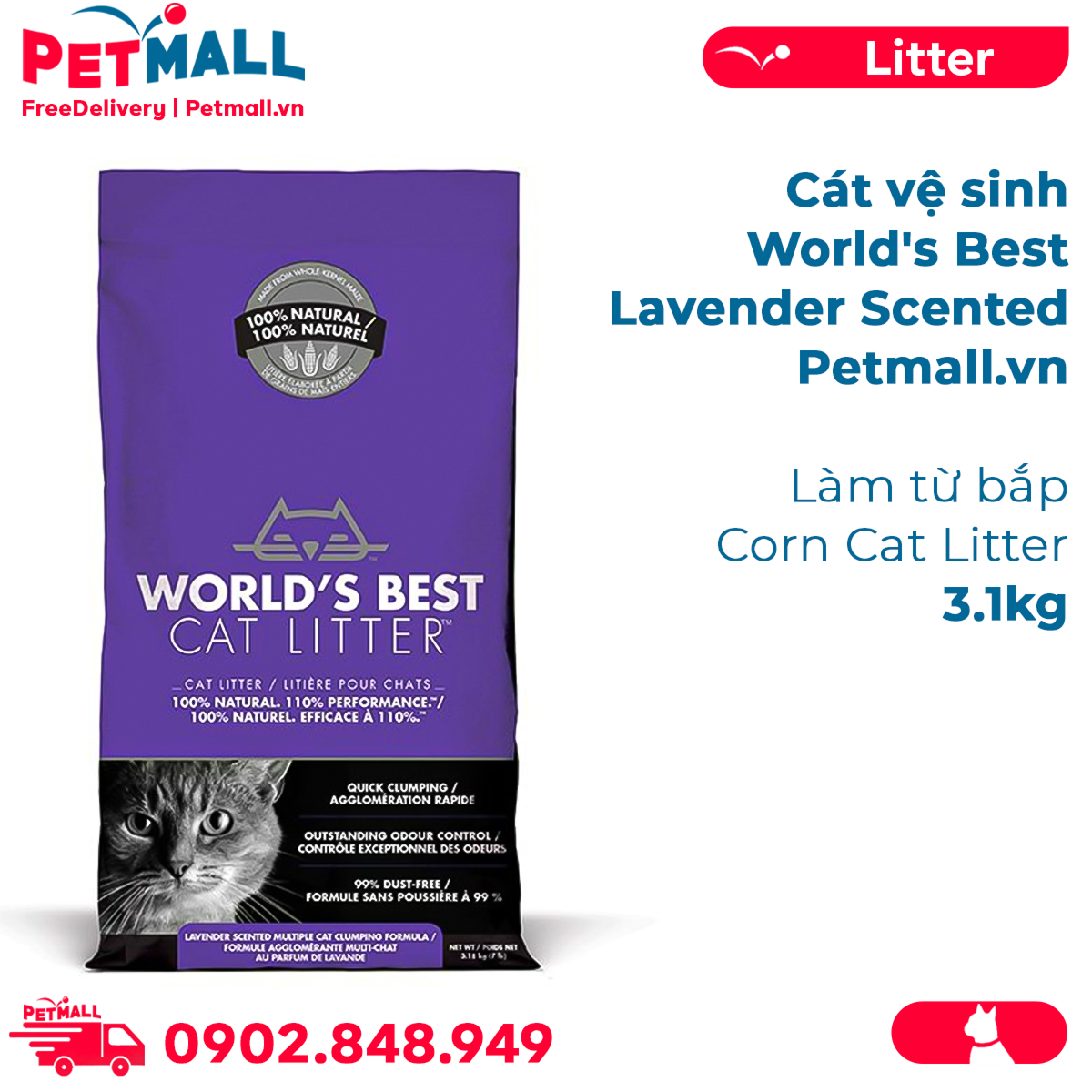 Cát vệ sinh World's Best Lavender Scented 3.1kg - làm từ bắp - Corn Cat Litter Petmall