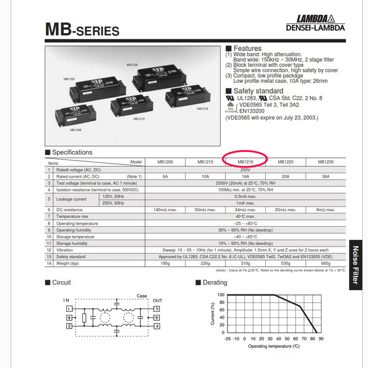 Lọc nguồn noise filter DENSEI LAMBDA model MB-1216, 250V/16A.