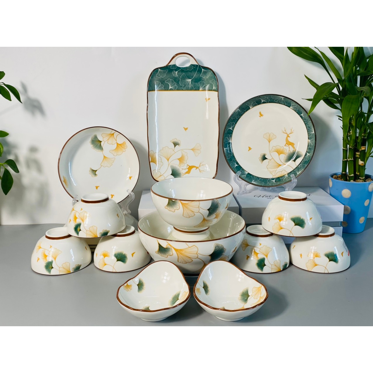 Bộ bát đĩa gốm sứ decor cao cấp sang sịn mịn, Sét 13 món