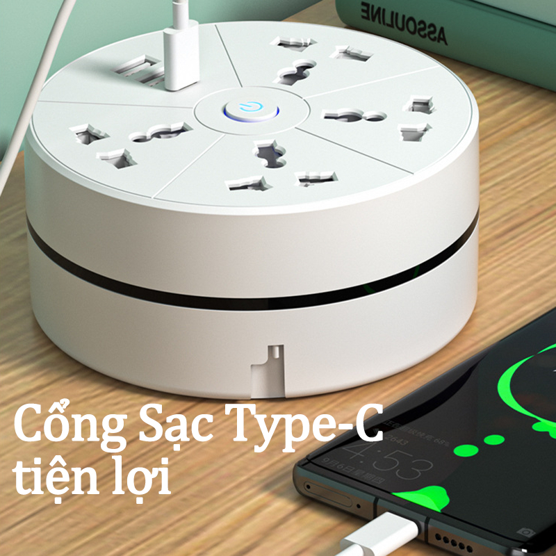 Ổ cắm điện đa năng có cổng sạc USB và Type C cuộn tròn thông minh bảo vệ dây chống giật cao cấp hàng tiêu chuẩn