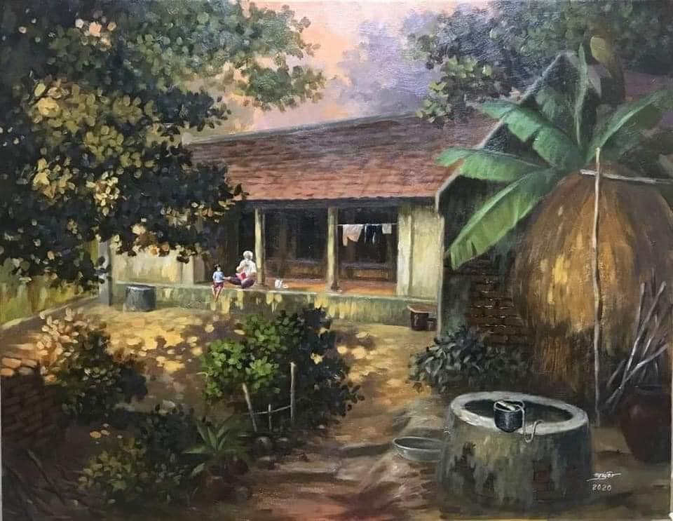 Tranh đồng quê Ông kẻ chuyện trước hiên nhà