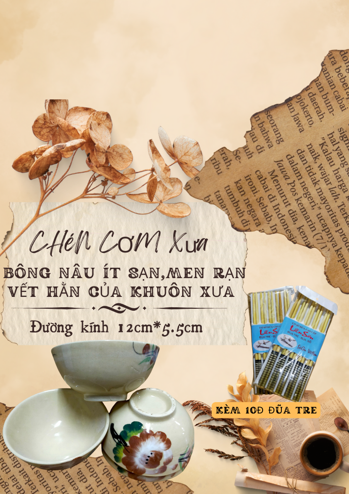 BỘ 10c CHÉN CƠM THỦ CÔNG XƯA BÔNG NÂU ÍT SẠN