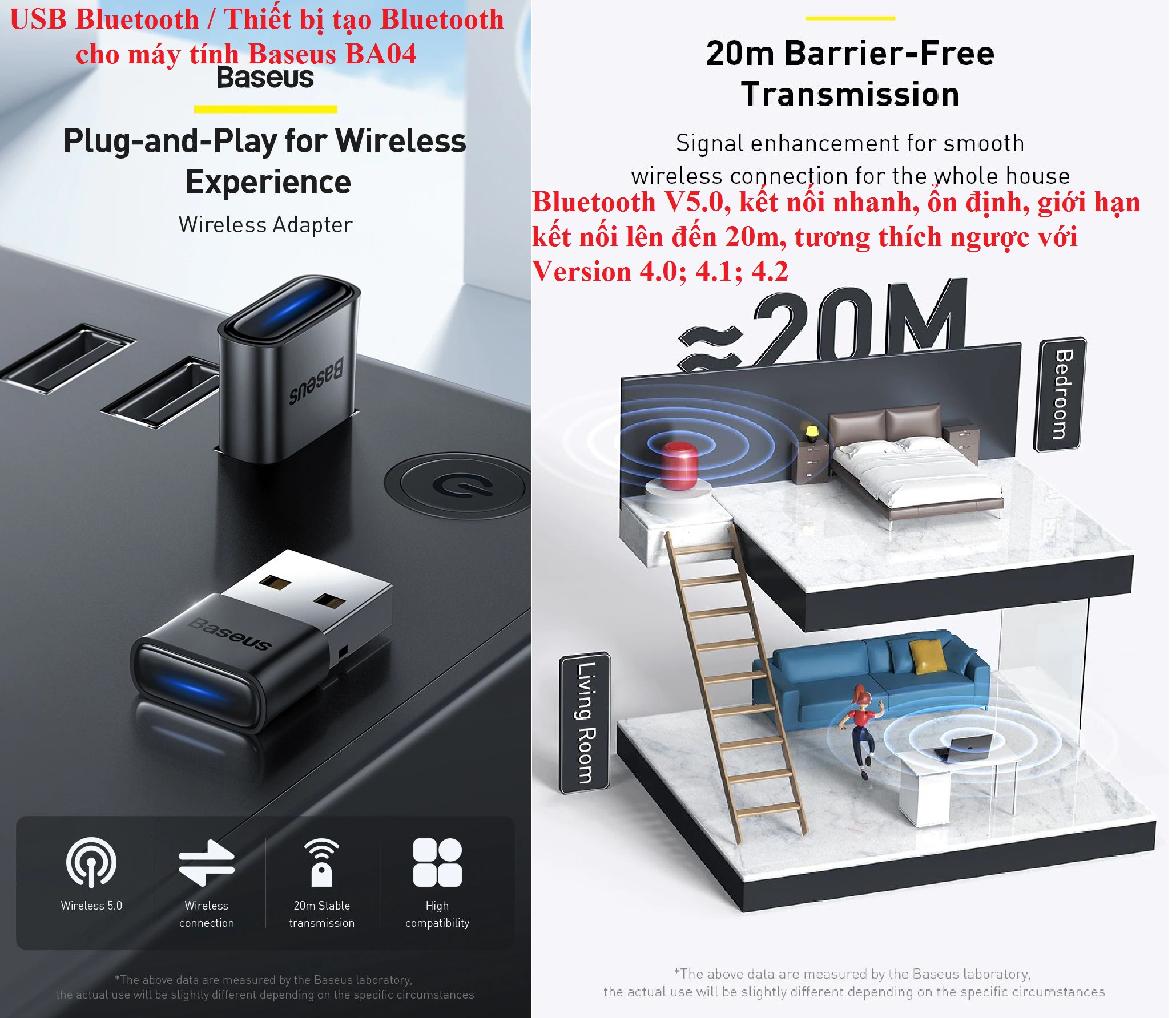 USB Bluetooth / thiết bị tạo bluetooth cho máy tính Baseus Wireless Adapter BA04
