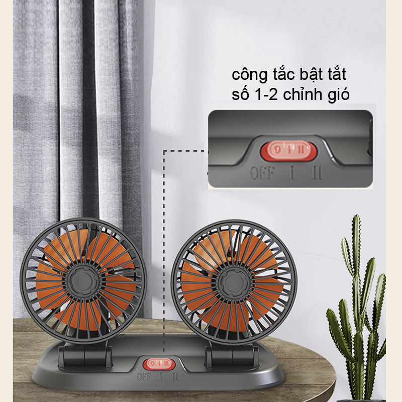 Quạt máy đôi 12v cắm xe ô tô xoay 360 độ điều chỉnh được gió mạnh yếu