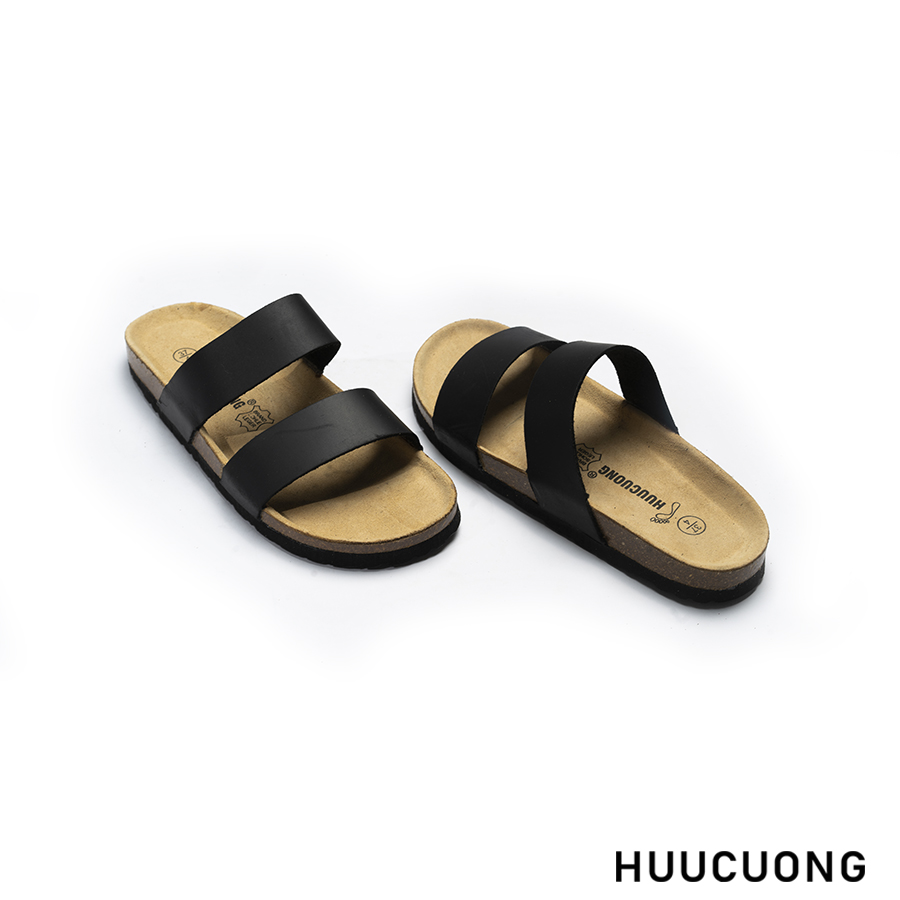 Dép unisex 2 quai da bò đen đế trấu