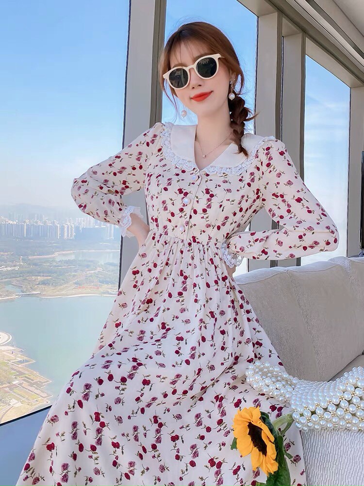 Đầm hoa tay dài phối cổ ren-MTB#damnu