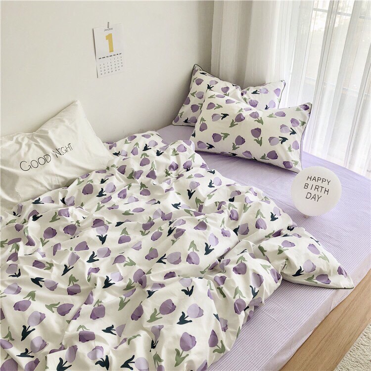 Chăn ga gối Cotton 3D - Mẫu hoa tuylip tím