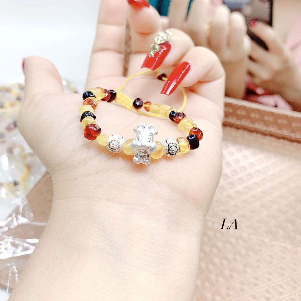 Vòng tay hổ phách cho bé yêu mix charm con giáp bạc và bi bạc xinh xắn,VÀNG BẠC AN CHI