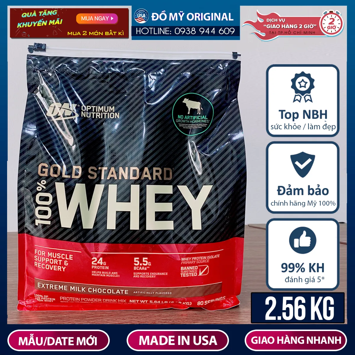 Whey Protein Gold Standard Bịch 2.56kg 80 Servings Vị Chocolate + Vanila Bột Tăng Cơ Optimum Nutrition Gold Standard 100%
