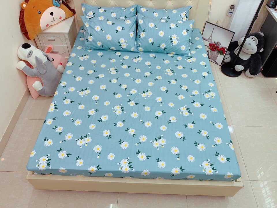 (FreeShip MAX) Bộ Ga Giường Kèm 2 Vỏ Gối Nằm , Cúc Họa Mi Xanh -kovico  drap giường, ga giường, ra giường, drap trải giường,ga trải giường, drap trải giường đẹp ga trải giường cưới, bộ ga trải nệm mát, ga giường cưới,Ga giường spa