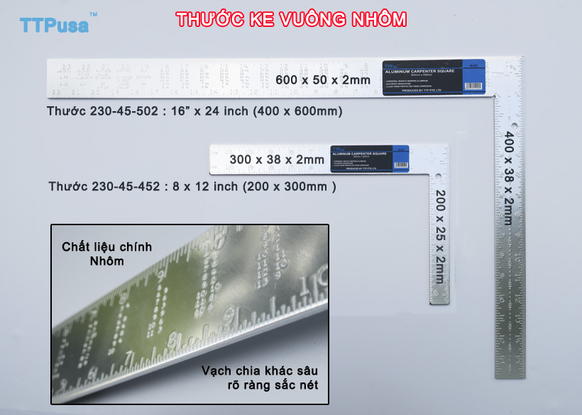 Thước ke vuông nhôm TTPusa hệ Inch