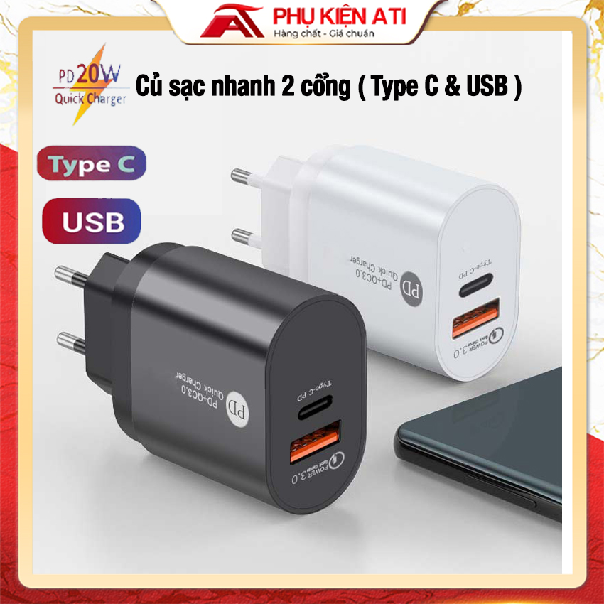20w pd type c and usb qc 3.0 - pd 20w ip 2 port quick charge for phones-ati accessories