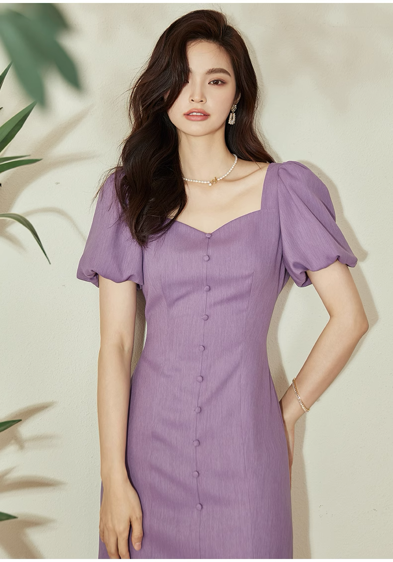 V-neck plain purple dress Puff button short sleeve