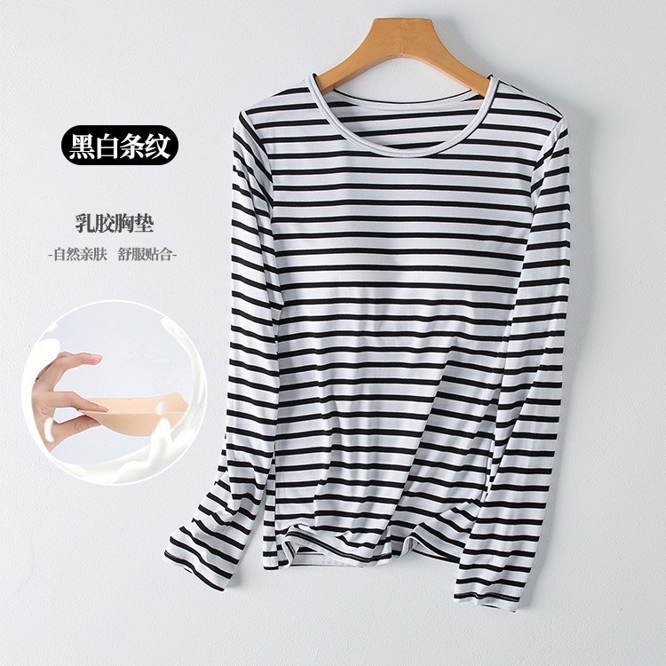Áo cotton cổ tròn kẻ có lót ngực