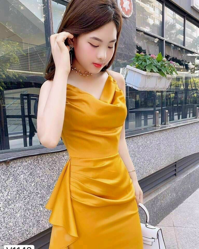 TBL-Ảnh thật Đầm xếp ly cổ đổ 2 dây ôm body màu vàng dự tiệc dạ hội thiết kế cao cấp qc22