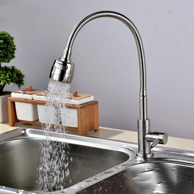 Vòi rửa chén lạnh inox SUS 304 ống lò xo hai chế độ nước, Vòi rửa chén bẻ inox 304