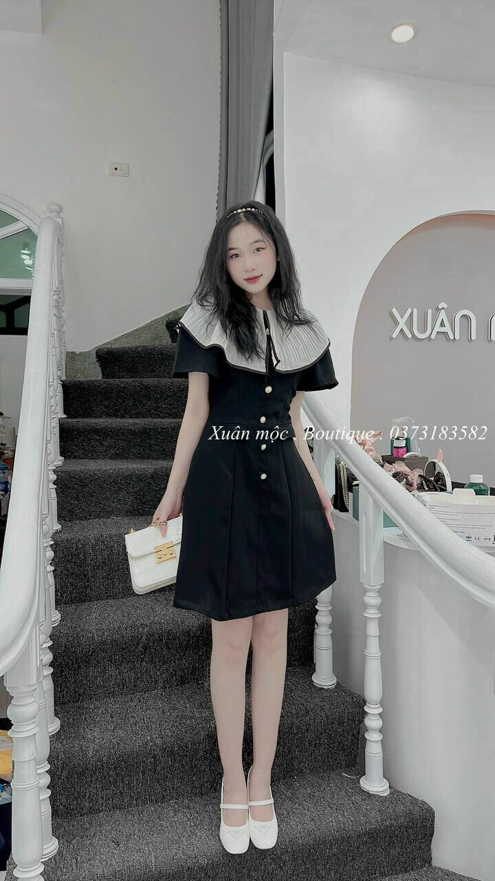 [HCM][Sale Miễn Phí Ship-Voucher Hoàn Tiền] Đầm Kate lụa xòe đính nút cổ bèo siêu xinh, đính túi giả eo