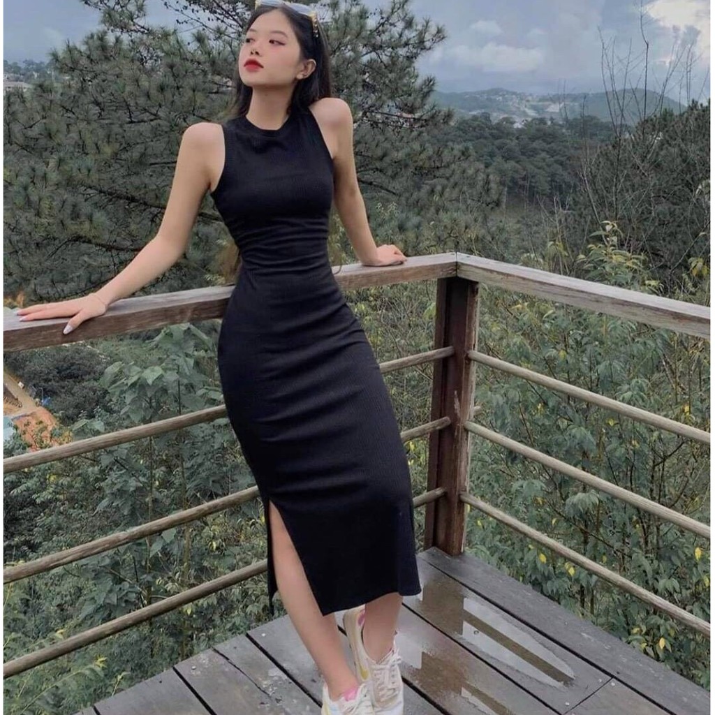 [Ảnh thật] Đầm body thun gân xẻ tà