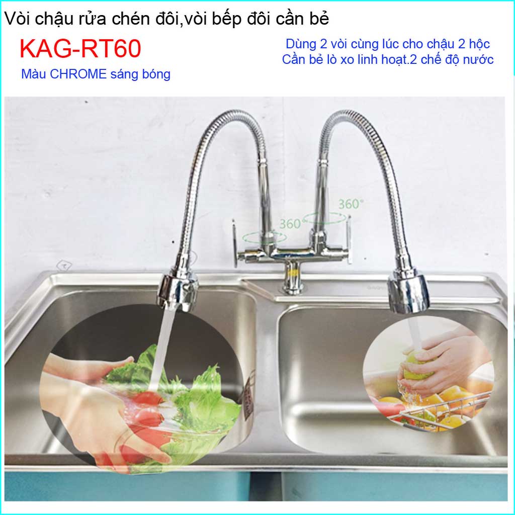 Vòi rửa chén đôi lò xo KAG-RT60, vòi rửa chén lạnh cần bẻ, vòi chậu 2 hộc, vòi rửa chén bát xả nước mạnh sử dụng tốt