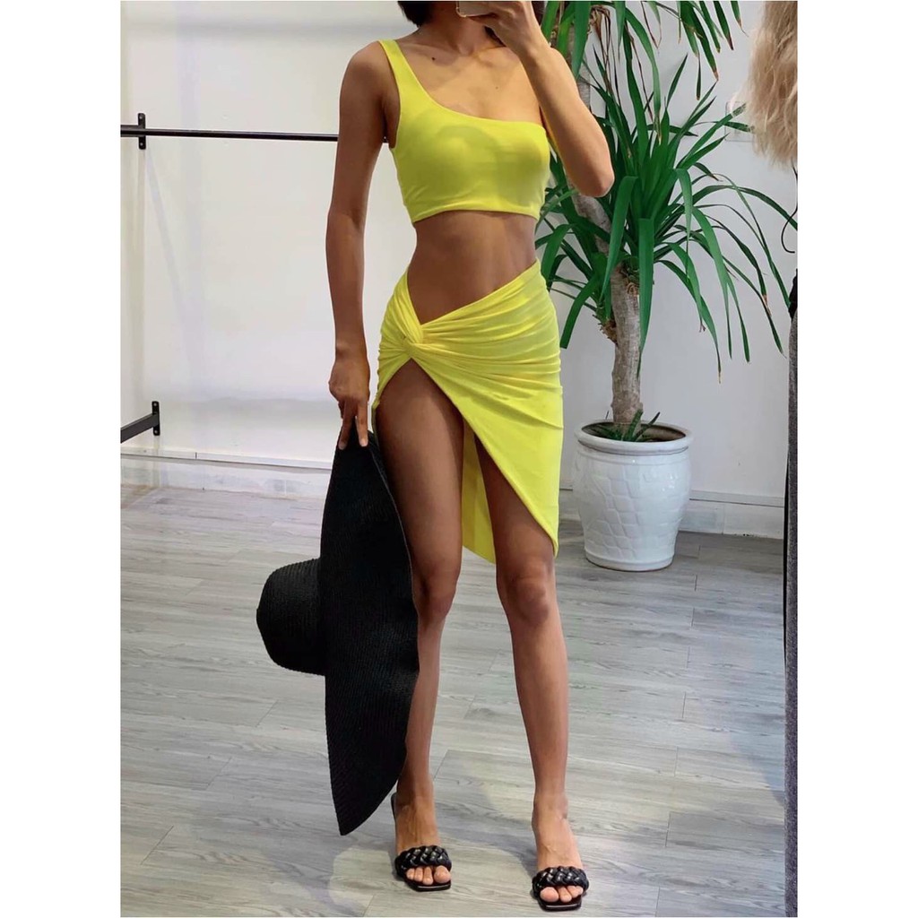 Bikini lệch vai kèm khăn quấn ( set 3 món)