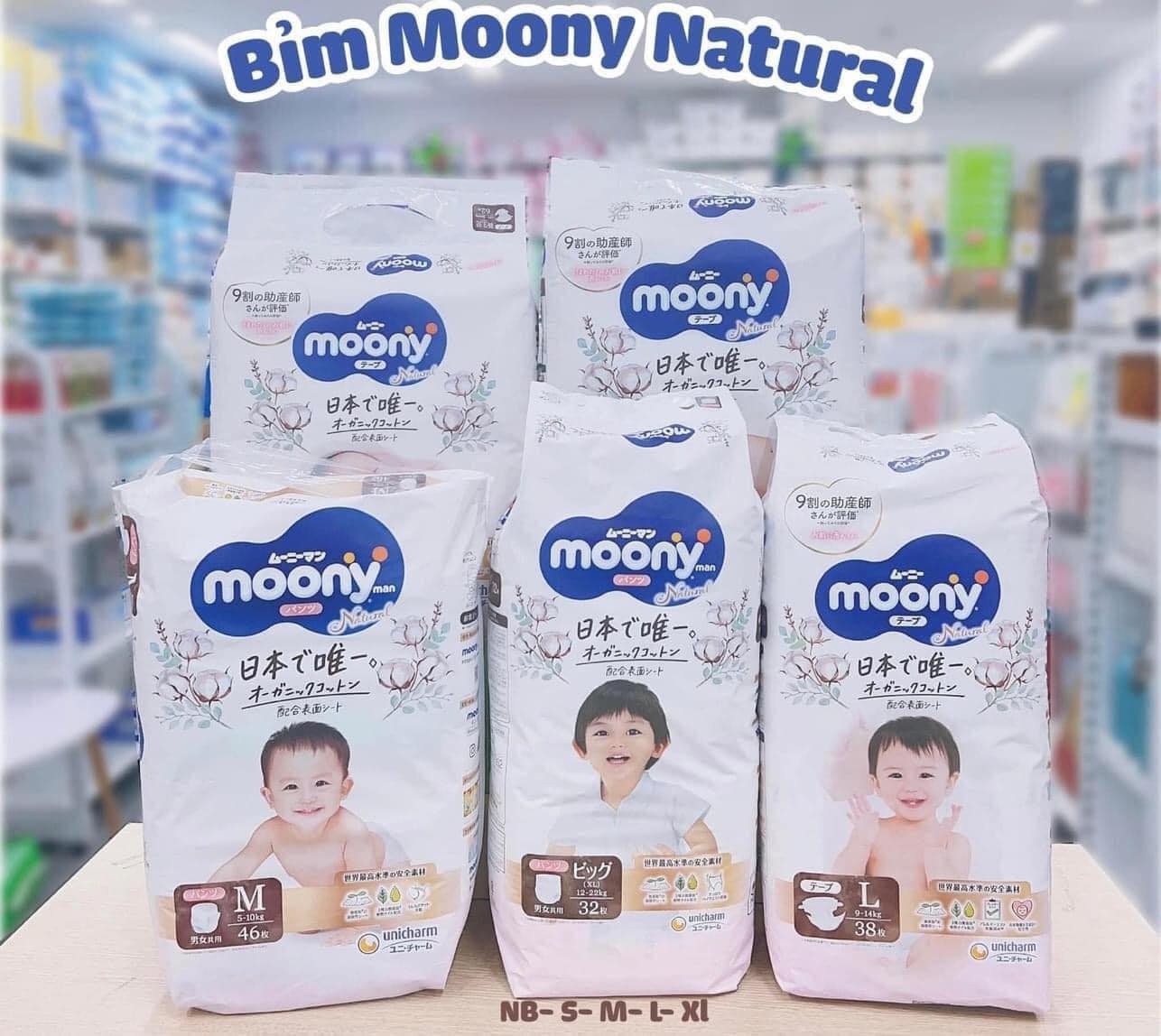 Tã/bỉm moony natural nội địa nhật bông organic dán/quần nb63/s58/m46/l38/l36/xl32