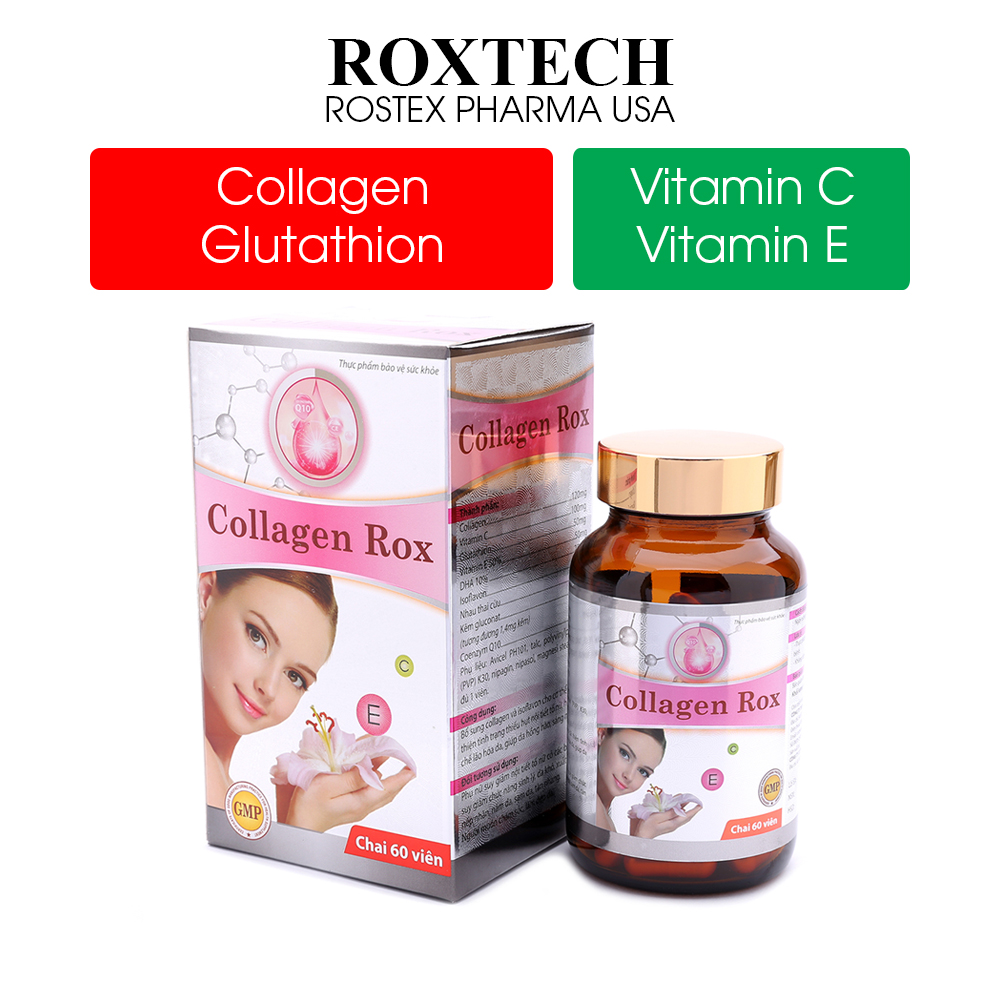 Viên uống đẹp da Collagen Rox, Viamin E C, glutathion, isoflavon giúp da sáng mịn, tăng nội tiết tố nữ, chống lão hóa - 60 viên