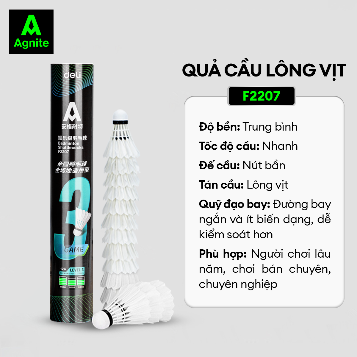[Hàng chuẩn] Hộp cầu lông Agnite 12 quả chính hãng, cao cấp siêu bền, chắc chắn, chịu va đập, lông vũ tự nhiên chất lượng cao