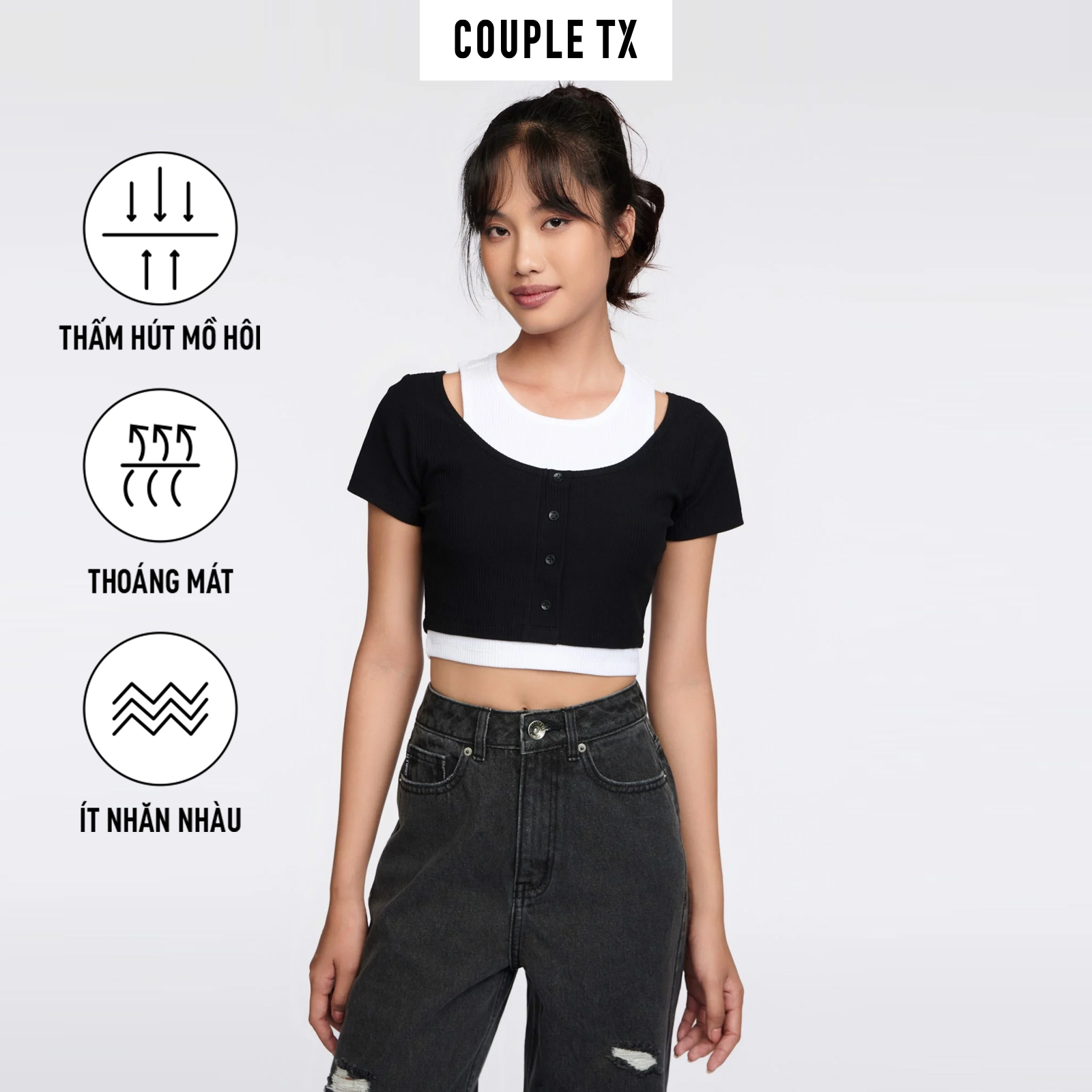Áo Thun Nữ COUPLE TX - Áo Nữ Kiểu Đẹp Vải Gân Kiểu Phối 2 Layer WTS 2255
