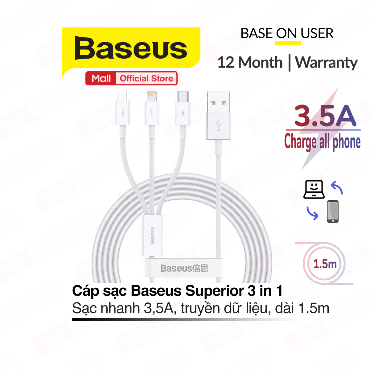 Cáp sạc 3 trong 1 Baseus Superior Series USB to Lightning - TypeC - Micro Cáp sạc 3 đầu đa năng cho nhiều dòng điện thoại