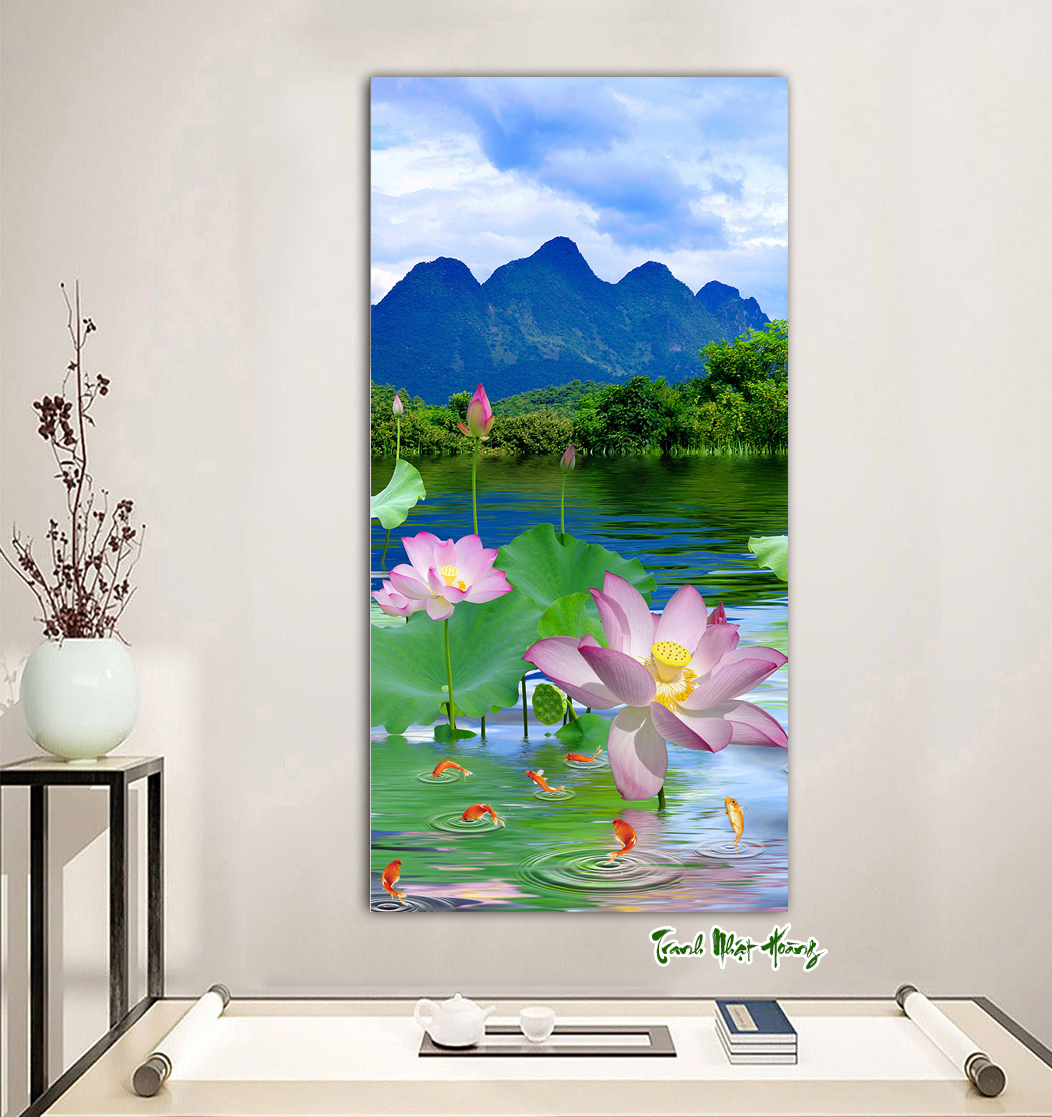 Tranh 3D hoa sen thư pháp dán tường