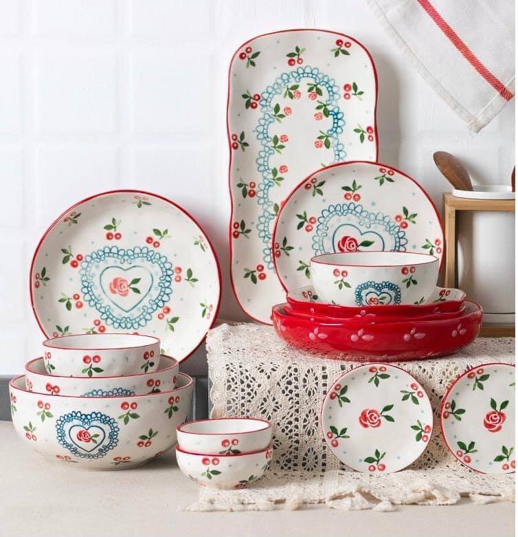 [Có sẵn] Bộ sưu tập đĩa họa tiết cherry đỏ