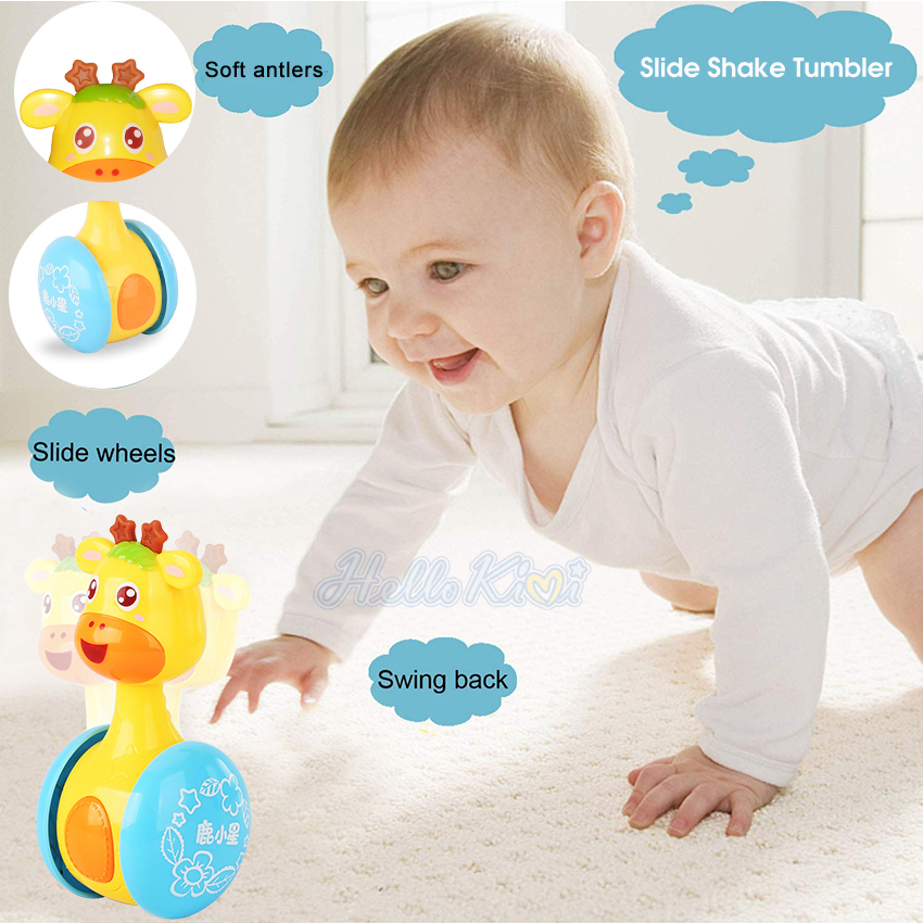 HelloKimi ChildrenCartoon Tumbler Doll Roly-poly Baby Toys Giraffe Tumbler Doll Early Learning Toy Toddler Musical Wobble Rattles Ring Bell Music Learning Educational Toy Cute Shape Toy for Kids