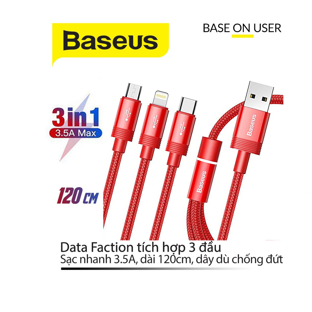 Cáp sạc 3.5A Baseus Data Faction 3in1  Type C, Android và Lightning  có đèn dành cho Smartphone dài 120CM