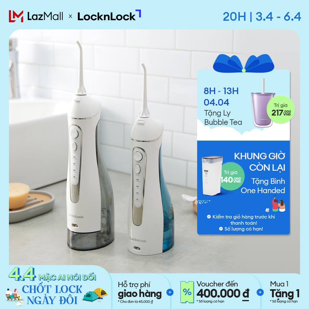 Máy tăm nước không dây Lock&Lock - 4 chế độ phun, Sạc đầy dùng trong 20 ngày, phù hợp răng niềng - 2 dung tích - ENR156BLU / ENR166GRY