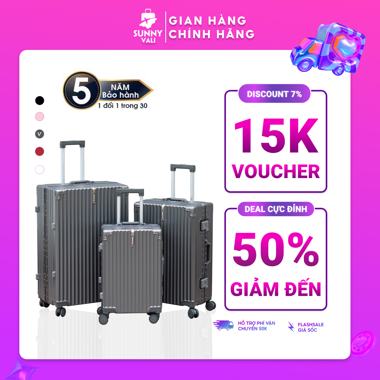Vali du lịch khung nhôm SUNNY LUMI LM01 - Vali nhựa PC thời trang,  khóa hải quan TSA bảo hành 5 năm (size 20 - 24)