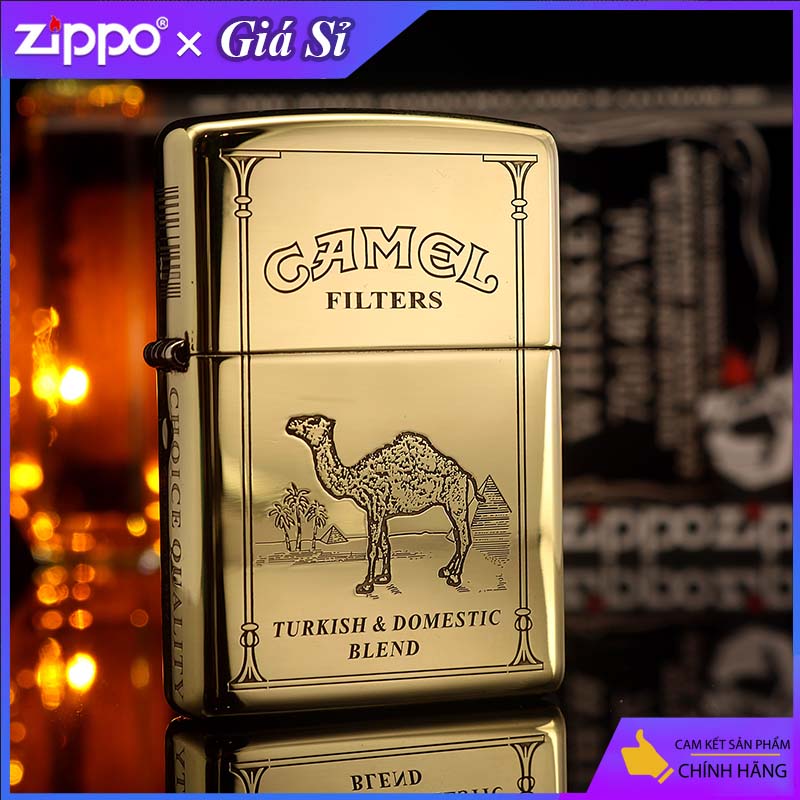 Bật lửa Zippo khắc Lạc Đà CAMEL bản tiêu chuẩn màu vàng bóng
