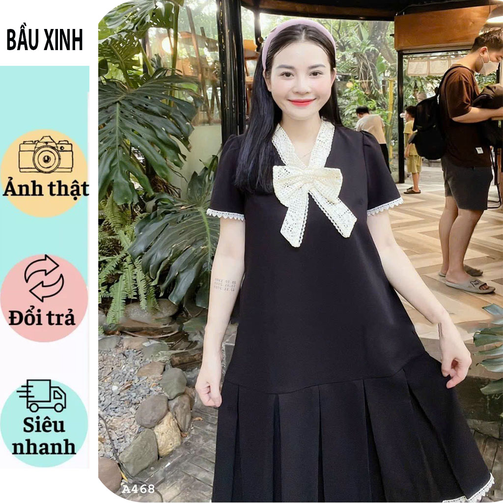 Váy đầm bầu babaydoll cổ nơ tiểu thư xinh xắn-váy bầu công sở dự tiệc cực sang vải mềm mát fresize